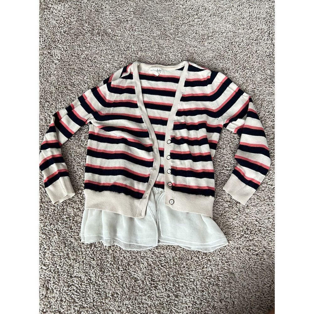 Maison Jules Striped Cardigan Sweater Tulle Ruffle Hem Waist
